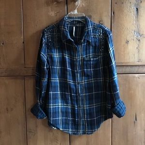 Free People Plaid Shirt Shoulder Studs, Blue M